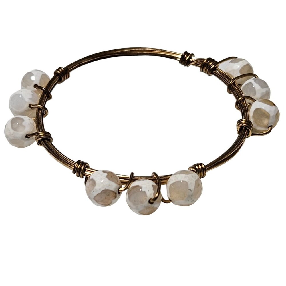 Handcrafted Faceted Beaded Wire Bangle Bracelet White Brown Beads Jewelry Women